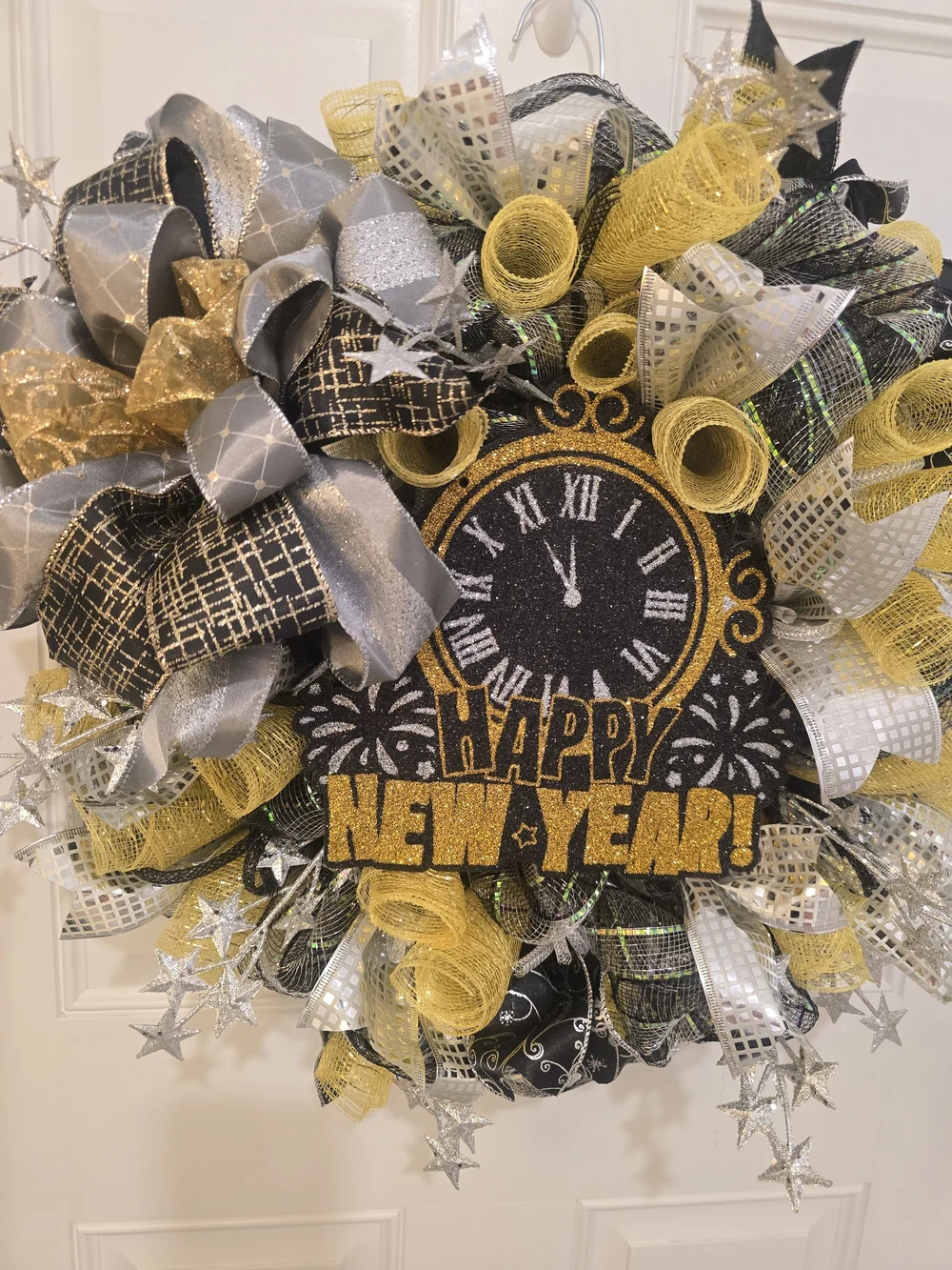 Happy New Year Decorative Wreath with Clock Center - Gold, Silver, Black